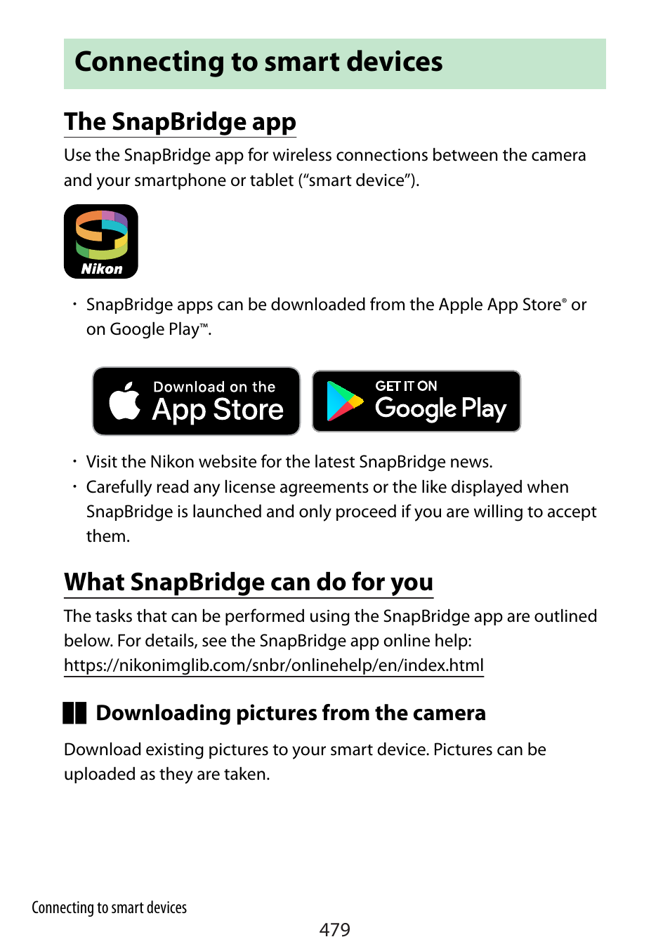 Connecting to smart devices, The snapbridge app, What snapbridge can do for you | Nikon Zfc Mirrorless Camera with 28mm Lens User Manual | Page 479 / 624