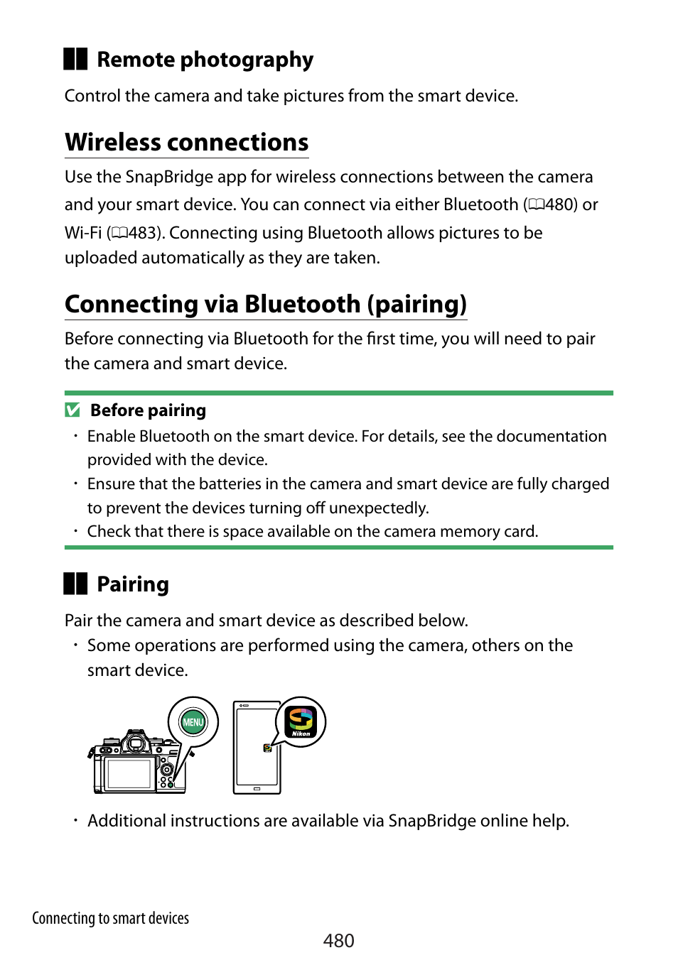 Wireless connections, Connecting via bluetooth (pairing) | Nikon Zfc Mirrorless Camera with 28mm Lens User Manual | Page 480 / 624