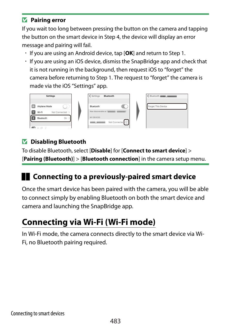 Connecting via wi-fi (wi-fi mode), 483). c, Connecting to a previously-paired smart device | Nikon Zfc Mirrorless Camera with 28mm Lens User Manual | Page 483 / 624