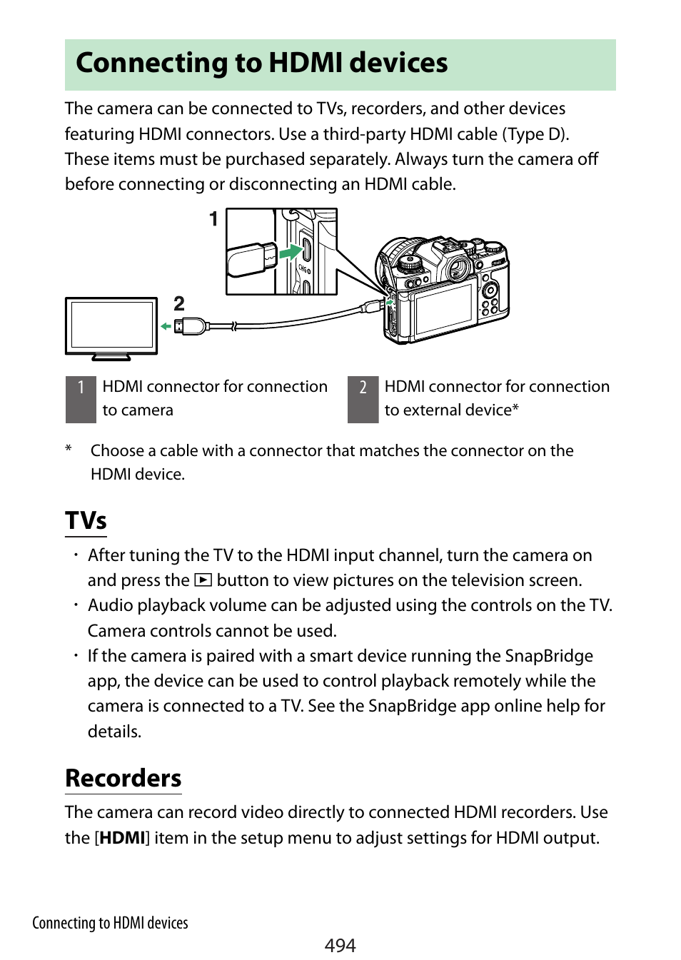 Connecting to hdmi devices, Recorders | Nikon Zfc Mirrorless Camera with 28mm Lens User Manual | Page 494 / 624