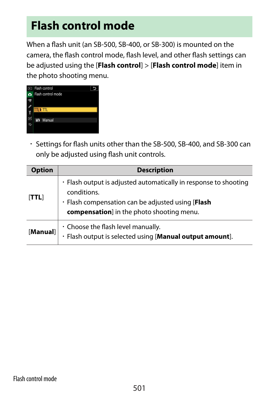 Flash control mode, Ol mode, 501) and | Nikon Zfc Mirrorless Camera with 28mm Lens User Manual | Page 501 / 624