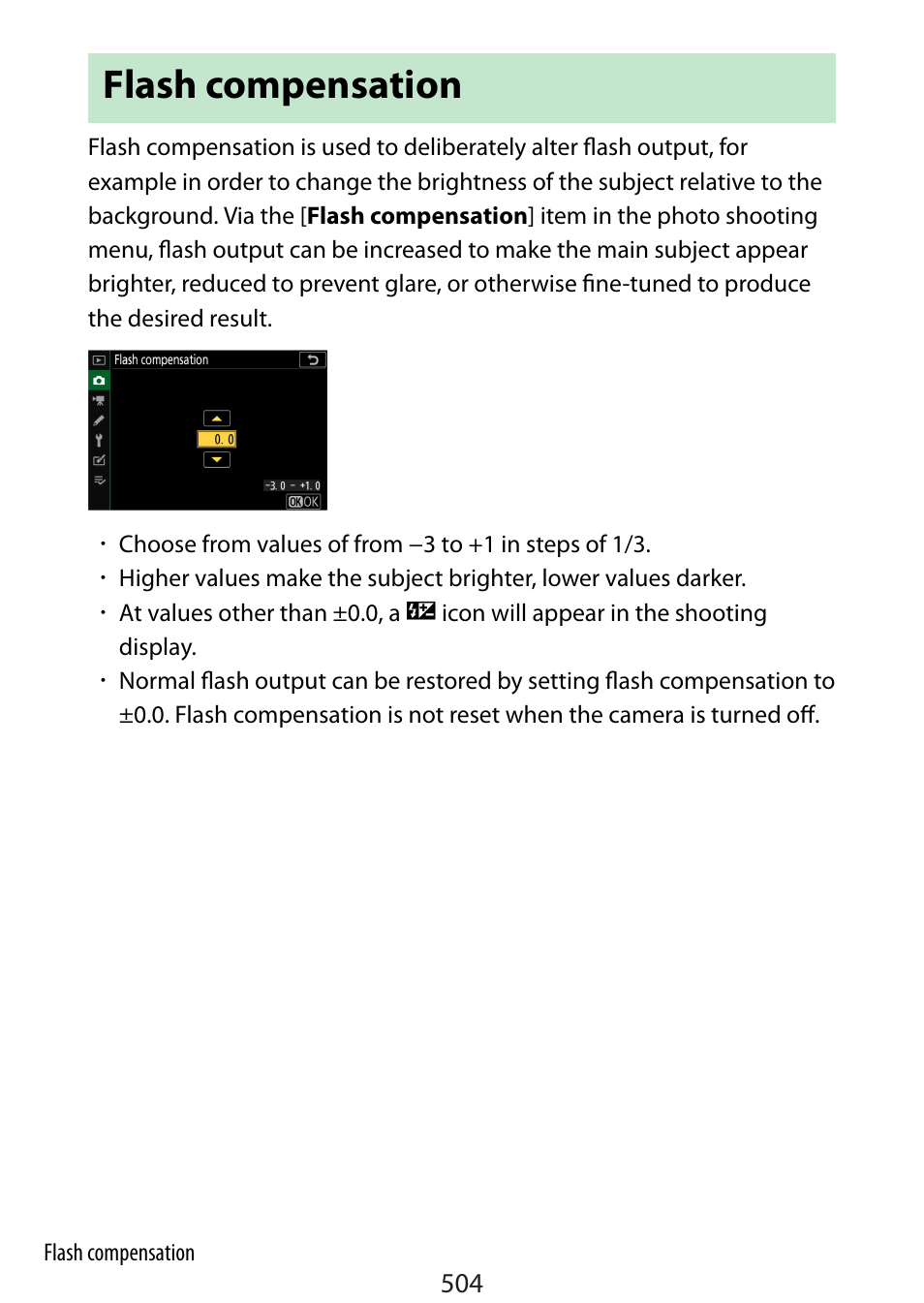 Flash compensation, Ompensation, Esult | Nikon Zfc Mirrorless Camera with 28mm Lens User Manual | Page 504 / 624