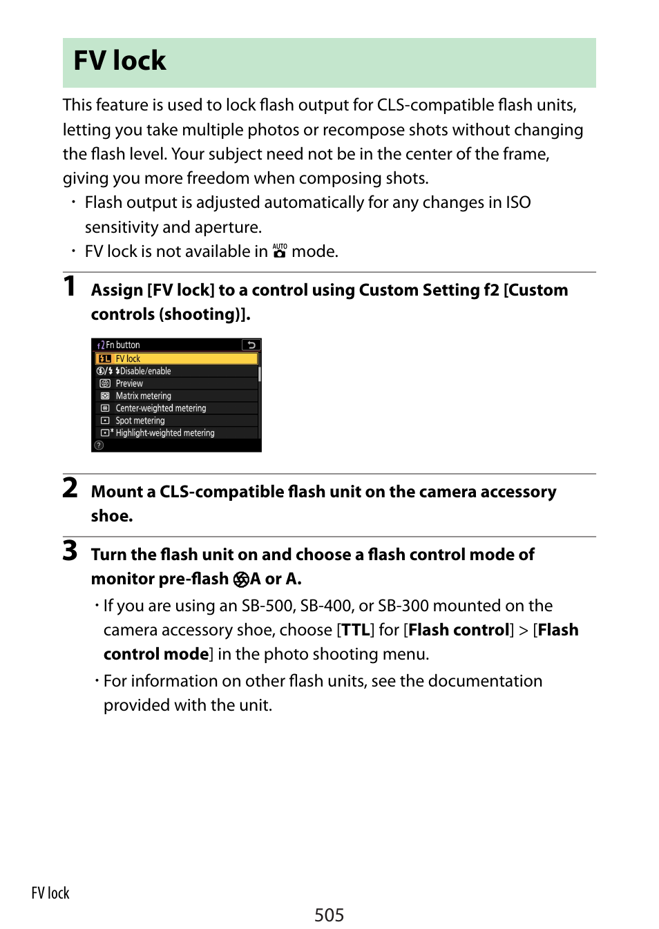 Fv lock | Nikon Zfc Mirrorless Camera with 28mm Lens User Manual | Page 505 / 624