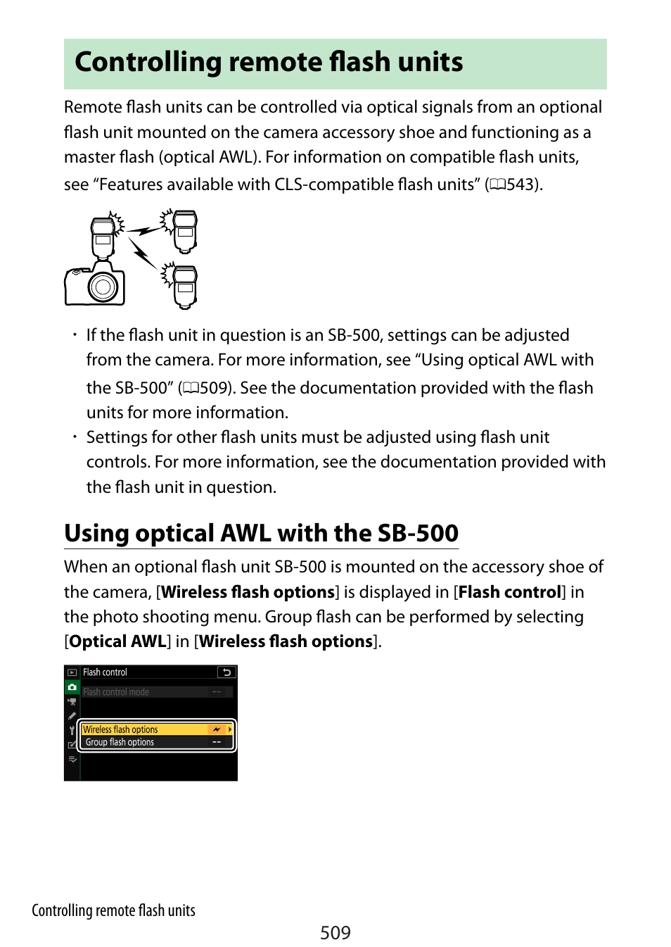 Controlling remote flash units, Using optical awl with the sb-500 | Nikon Zfc Mirrorless Camera with 28mm Lens User Manual | Page 509 / 624