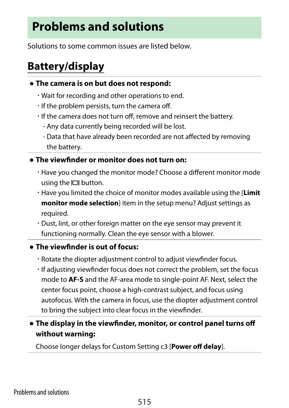 Problems and solutions, Battery/display | Nikon Zfc Mirrorless Camera with 28mm Lens User Manual | Page 515 / 624