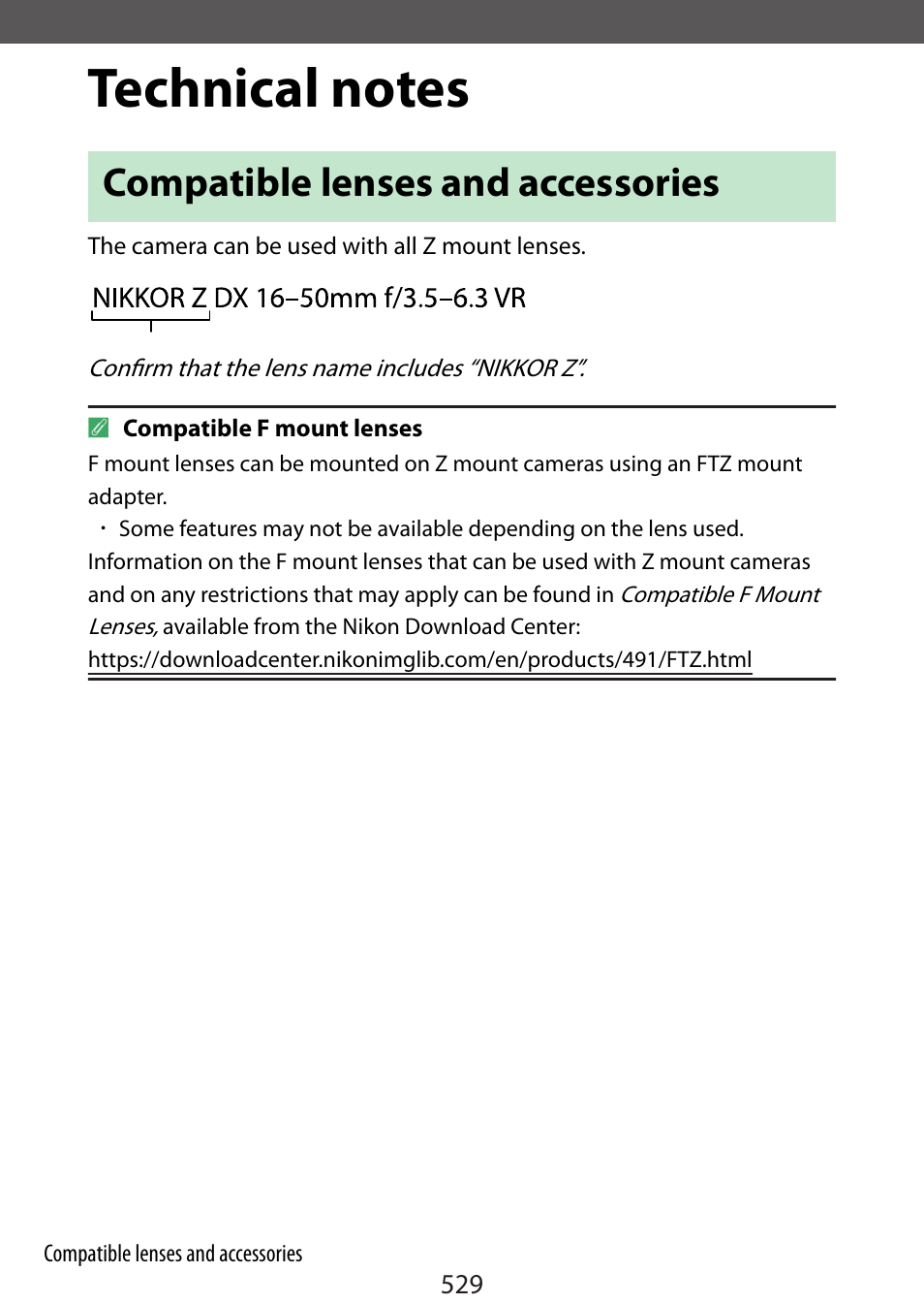 Technical notes, Compatible lenses and accessories | Nikon Zfc Mirrorless Camera with 28mm Lens User Manual | Page 529 / 624