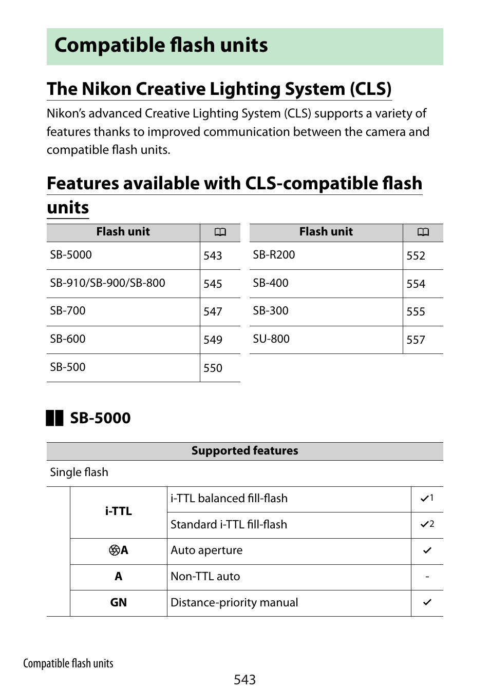 Compatible flash units, The nikon creative lighting system (cls), Features available with cls-compatible flash units | Sb-5000 | Nikon Zfc Mirrorless Camera with 28mm Lens User Manual | Page 543 / 624