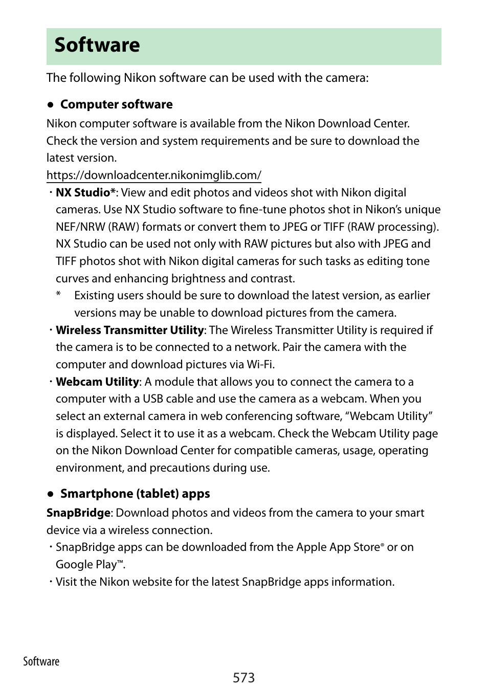 Software | Nikon Zfc Mirrorless Camera with 28mm Lens User Manual | Page 573 / 624