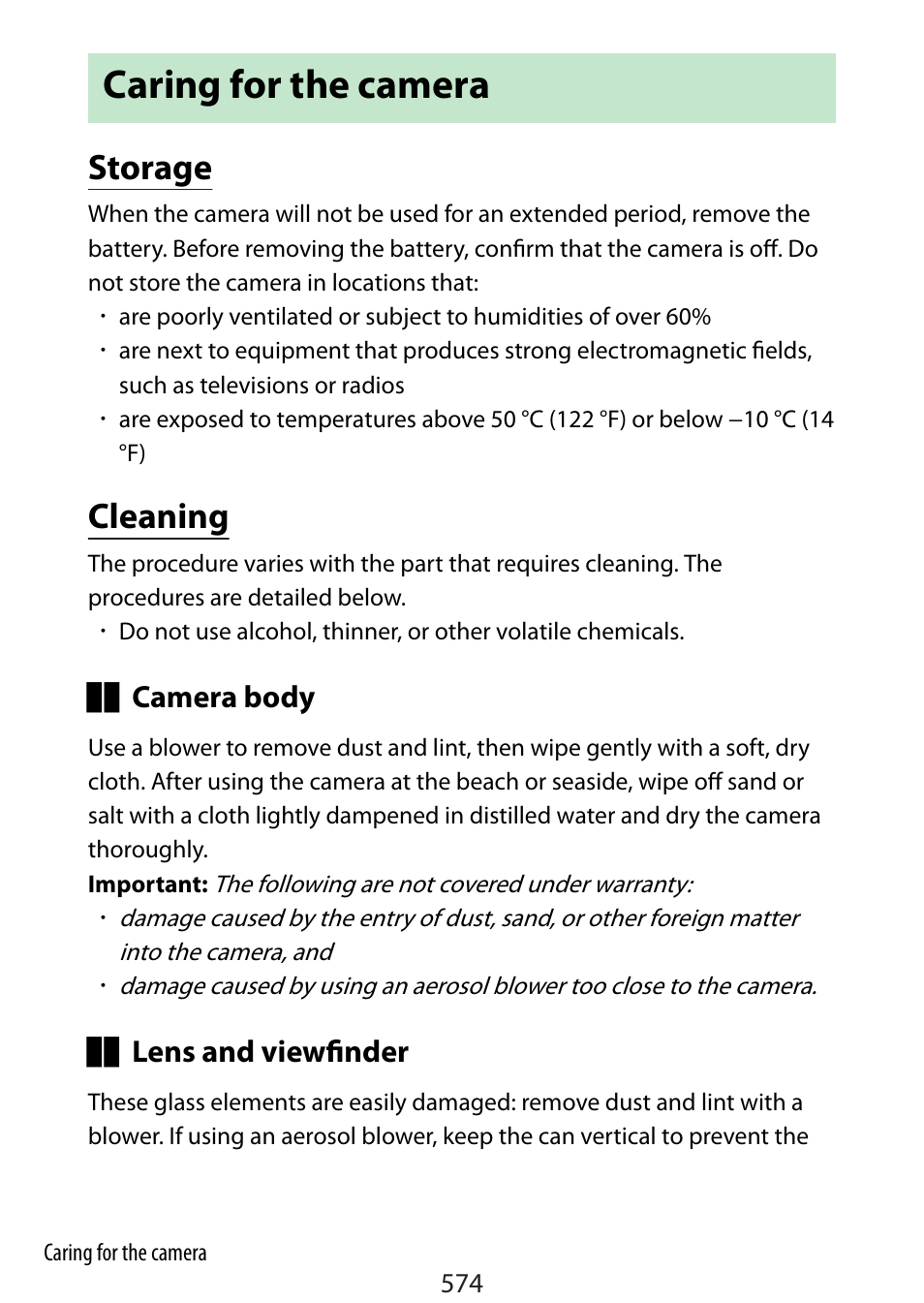 Caring for the camera, Storage, Cleaning | Nikon Zfc Mirrorless Camera with 28mm Lens User Manual | Page 574 / 624