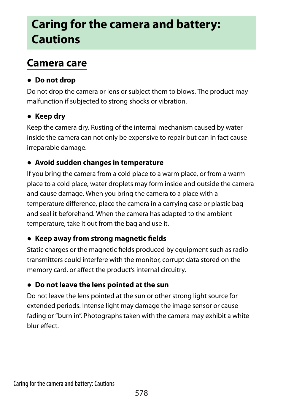Caring for the camera and battery: cautions, Camera care | Nikon Zfc Mirrorless Camera with 28mm Lens User Manual | Page 578 / 624