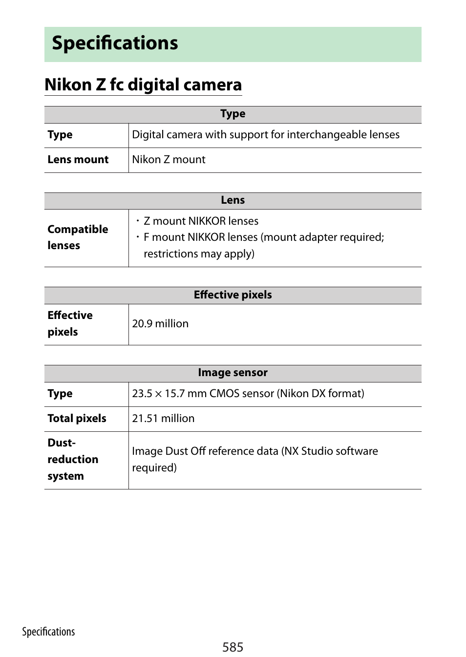 Specifications, Nikon z fc digital camera | Nikon Zfc Mirrorless Camera with 28mm Lens User Manual | Page 585 / 624