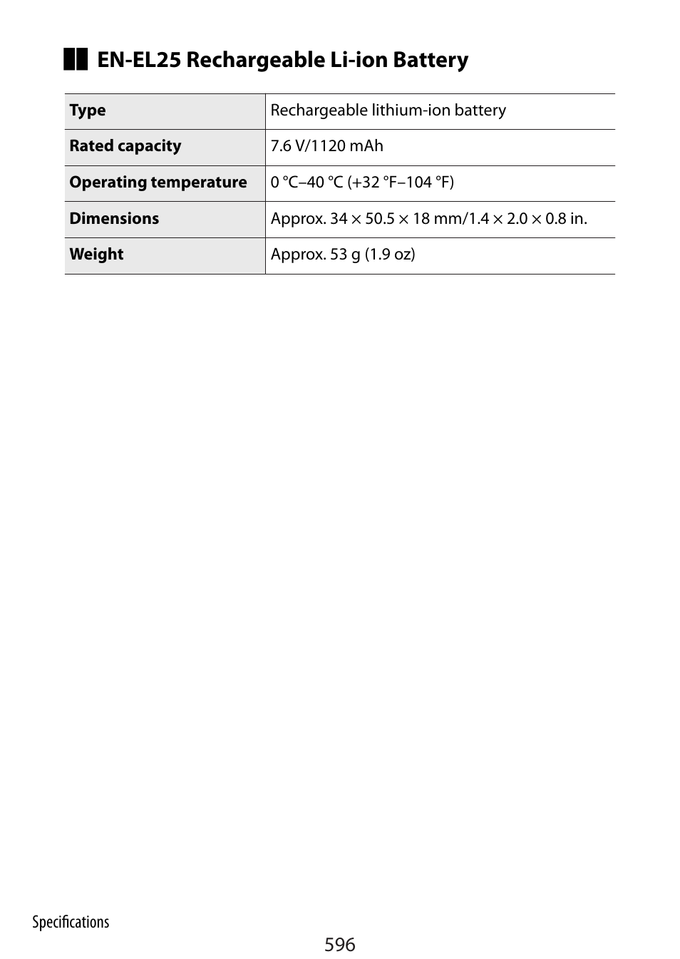 En-el25 rechargeable li-ion battery | Nikon Zfc Mirrorless Camera with 28mm Lens User Manual | Page 596 / 624
