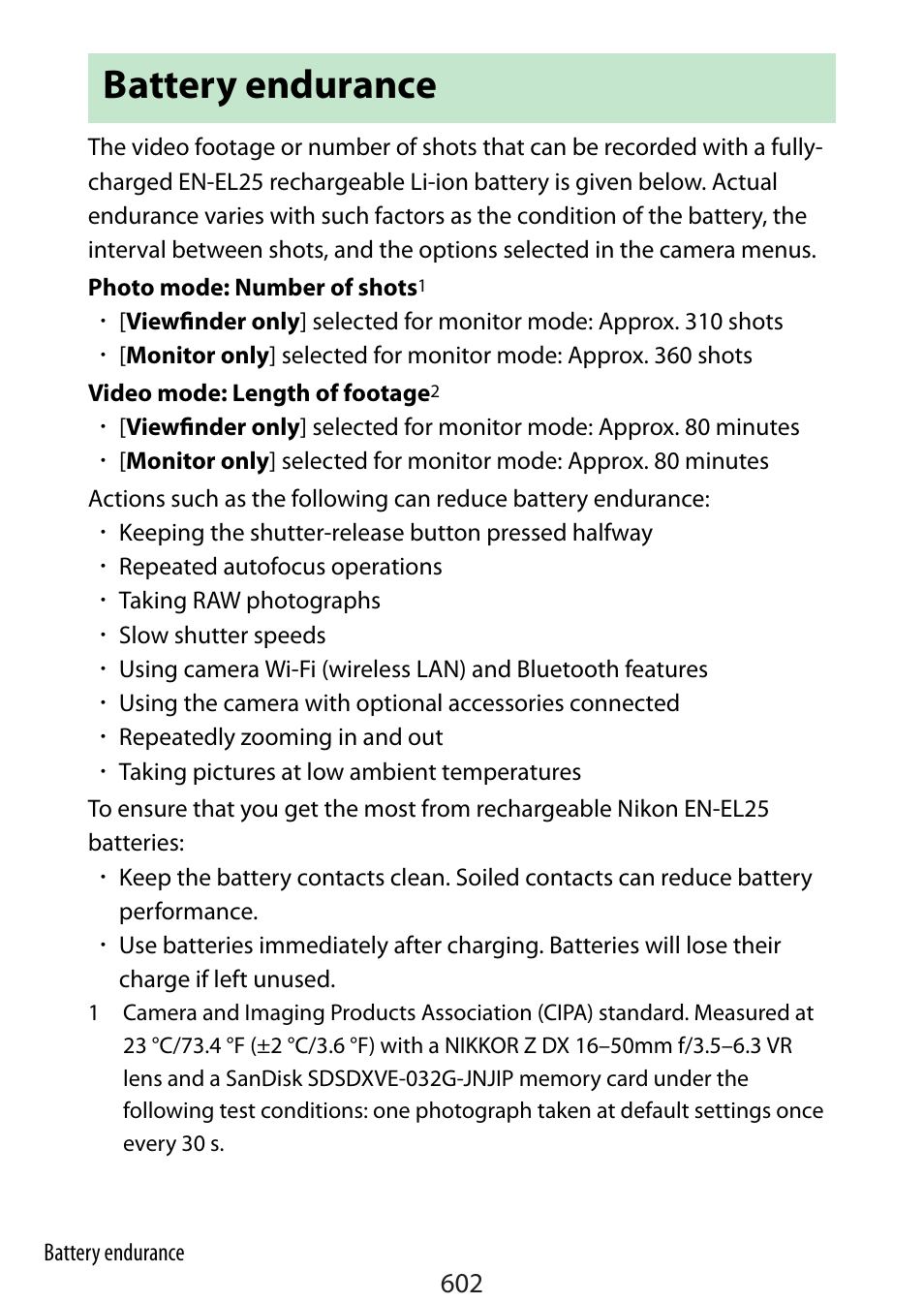 Battery endurance | Nikon Zfc Mirrorless Camera with 28mm Lens User Manual | Page 602 / 624