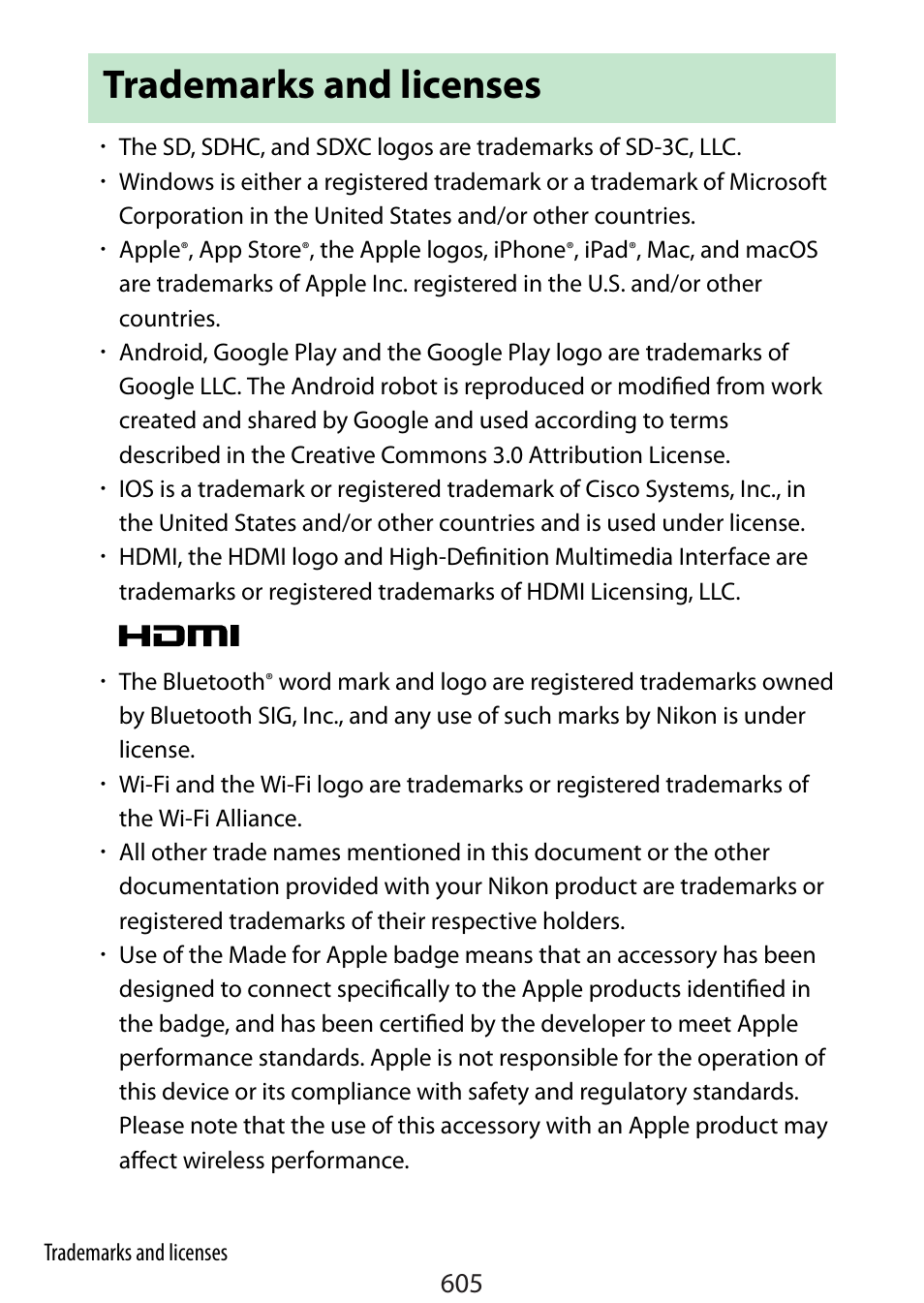Trademarks and licenses | Nikon Zfc Mirrorless Camera with 28mm Lens User Manual | Page 605 / 624