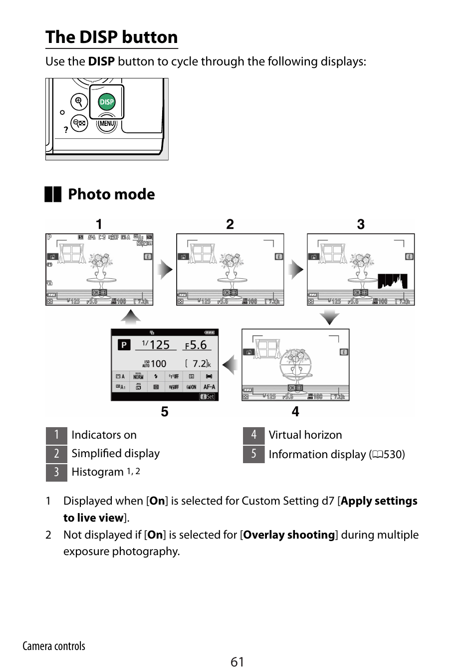 The disp button, Photo mode | Nikon Zfc Mirrorless Camera with 28mm Lens User Manual | Page 61 / 624