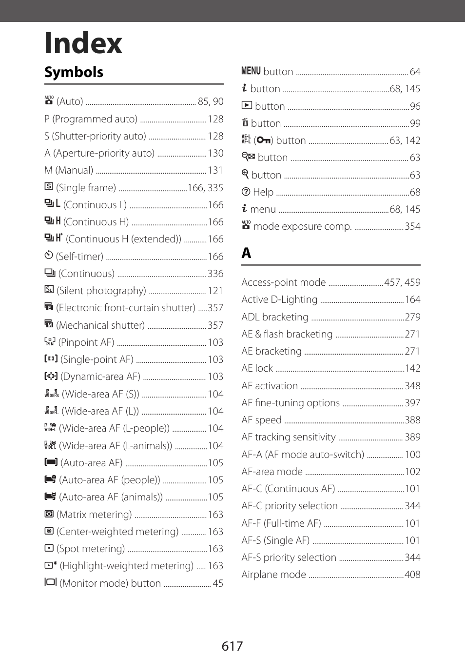 Index, Symbols | Nikon Zfc Mirrorless Camera with 28mm Lens User Manual | Page 617 / 624