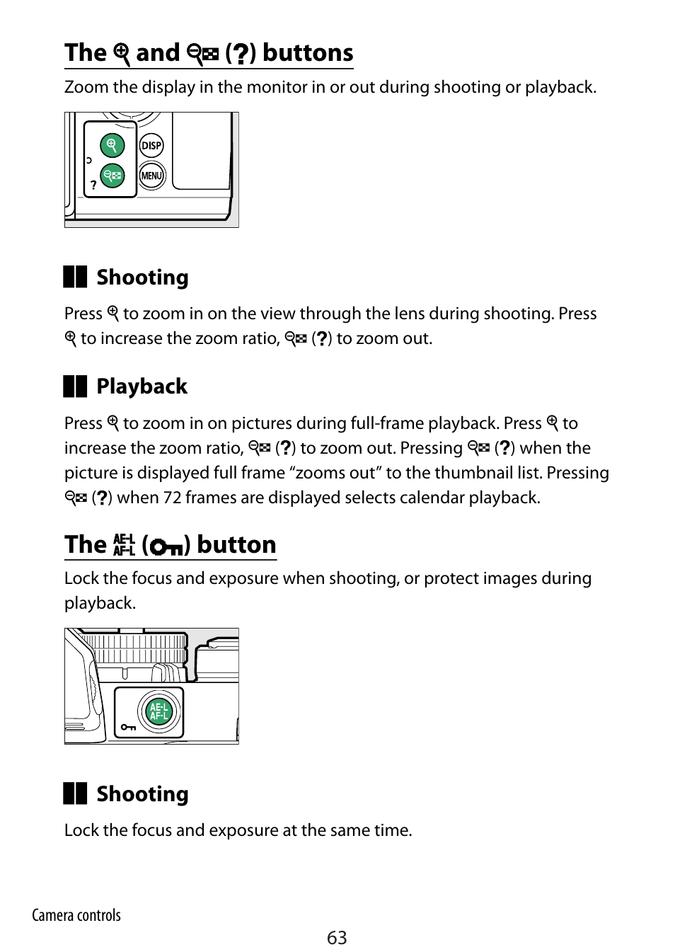 The playback zoom and thumbnail (help) buttons, The ae-l/af-l (protect) button, The x and w ( q ) buttons | The a ( g ) button | Nikon Zfc Mirrorless Camera with 28mm Lens User Manual | Page 63 / 624