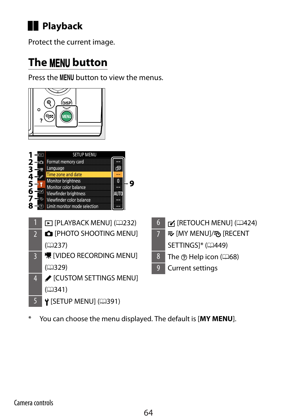 The menu button, The g button, Playback | Nikon Zfc Mirrorless Camera with 28mm Lens User Manual | Page 64 / 624