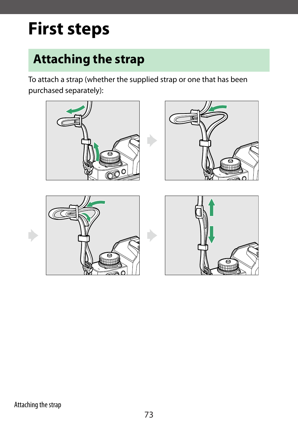 First steps, Attaching the strap | Nikon Zfc Mirrorless Camera with 28mm Lens User Manual | Page 73 / 624