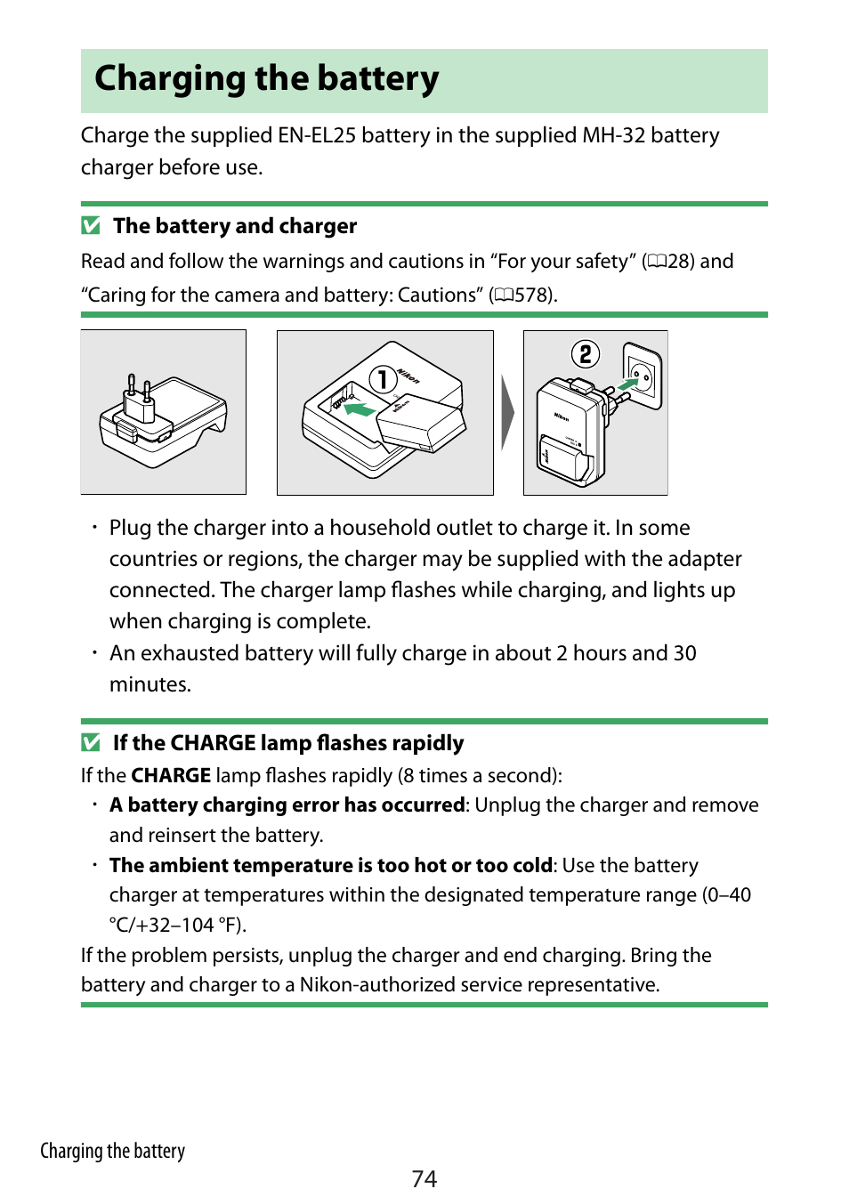 Charging the battery | Nikon Zfc Mirrorless Camera with 28mm Lens User Manual | Page 74 / 624