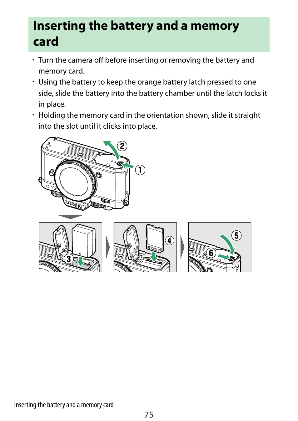 Inserting the battery and a memory card | Nikon Zfc Mirrorless Camera with 28mm Lens User Manual | Page 75 / 624