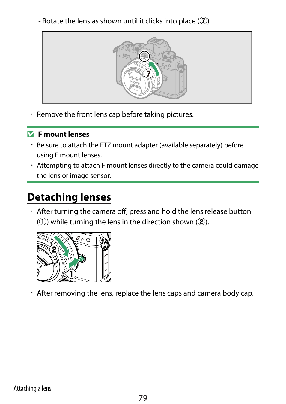 Detaching lenses | Nikon Zfc Mirrorless Camera with 28mm Lens User Manual | Page 79 / 624