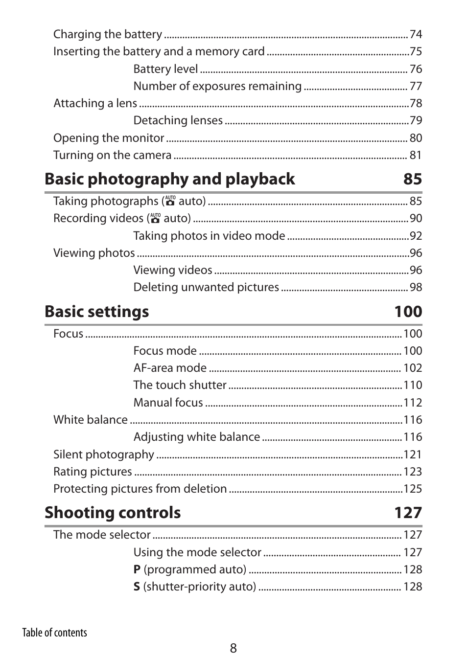 Basic photography and playback 85, Basic settings 100, Shooting controls 127 | Nikon Zfc Mirrorless Camera with 28mm Lens User Manual | Page 8 / 624