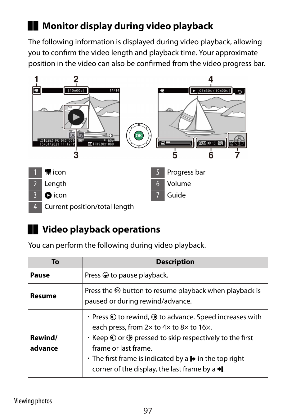 Monitor display during video playback, Video playback operations | Nikon Zfc Mirrorless Camera with 28mm Lens User Manual | Page 97 / 624