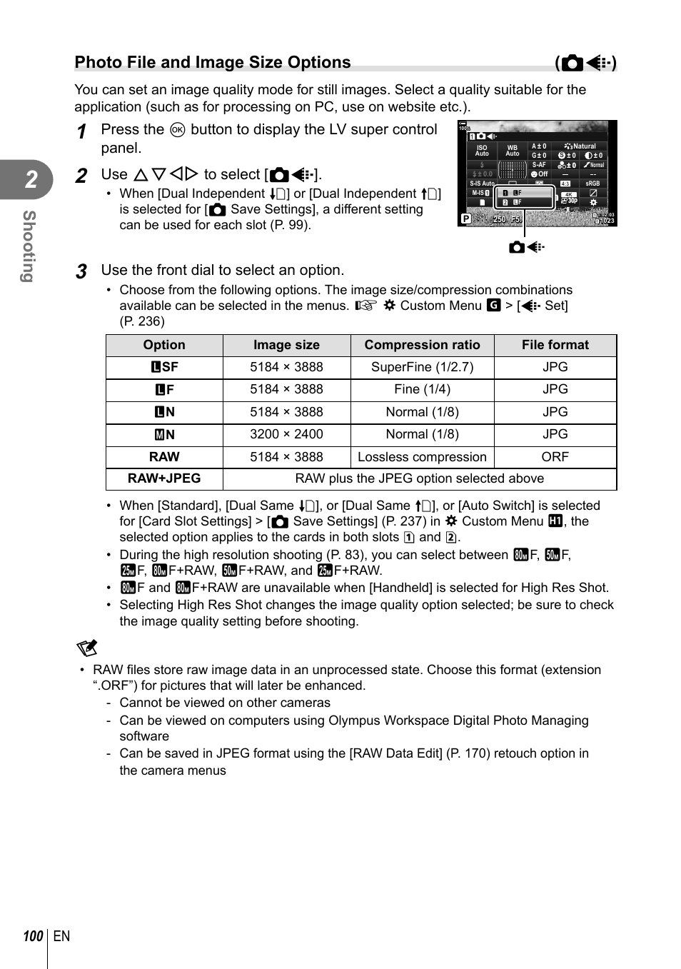 Shooting, Photo file and image size options ( k k ), 100 en | Use fghi to select [ k k, Use the front dial to select an option | Olympus OM-D E-M1 Mark III Mirrorless Camera User Manual | Page 100 / 333