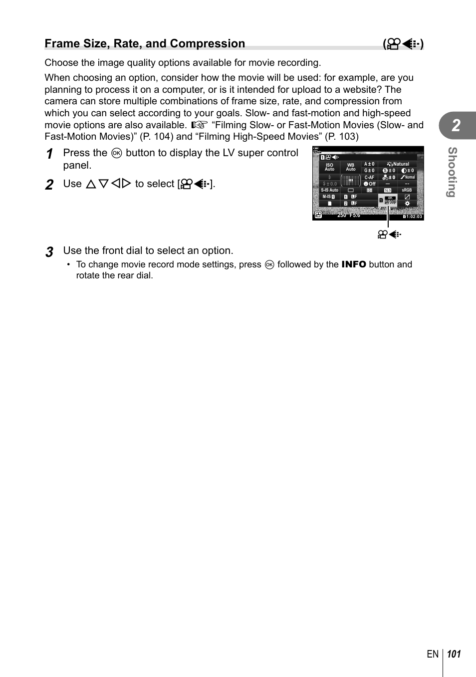 Shooting, Frame size, rate, and compression ( n k ), 101 en | Use fghi to select [ n k, Use the front dial to select an option | Olympus OM-D E-M1 Mark III Mirrorless Camera User Manual | Page 101 / 333