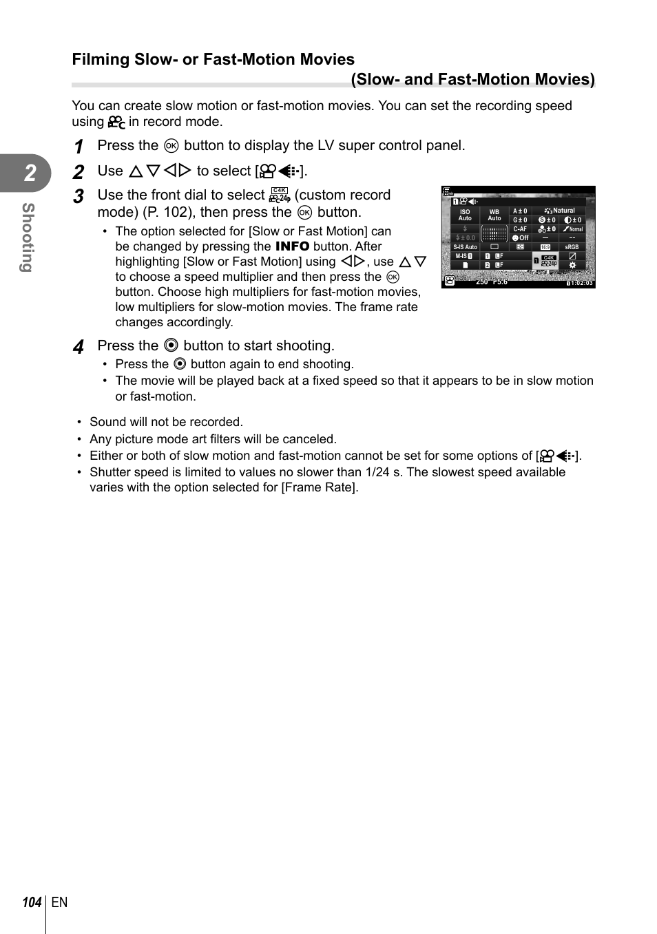 Shooting, 104 en, Use fghi to select [ n k | Use the front dial to select, Press the r button to start shooting | Olympus OM-D E-M1 Mark III Mirrorless Camera User Manual | Page 104 / 333