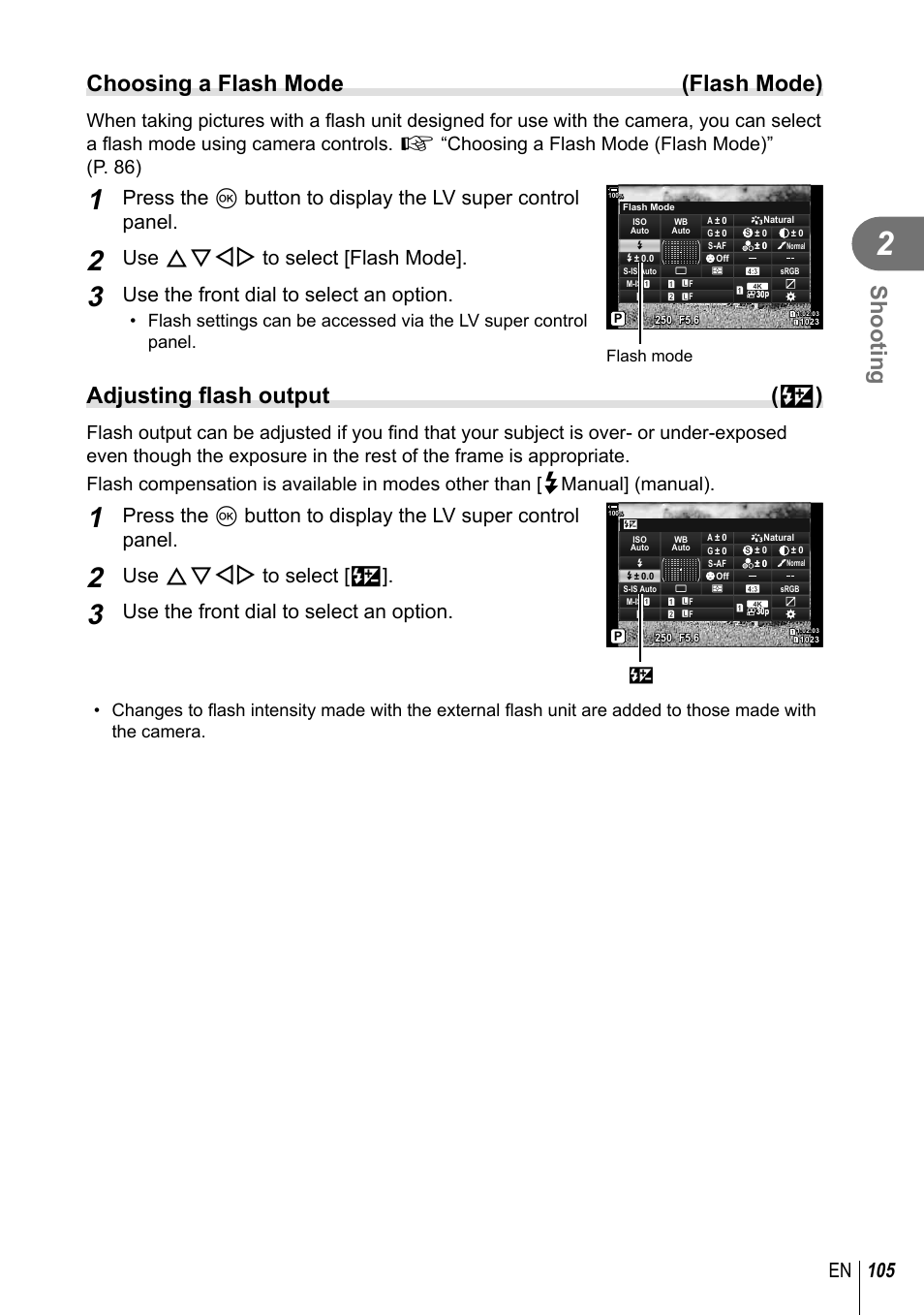 Shooting, Choosing a flash mode (flash mode), Adjusting fl ash output ( x ) | 105 en, Use fghi to select [flash mode, Use the front dial to select an option, Use fghi to select [ x | Olympus OM-D E-M1 Mark III Mirrorless Camera User Manual | Page 105 / 333