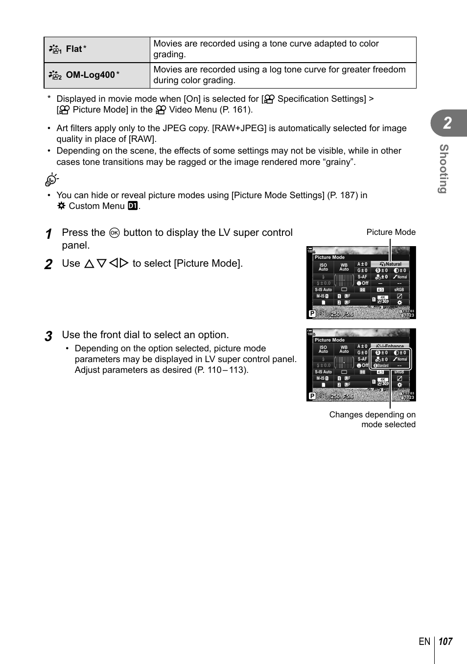 Shooting, 107 en, Use fghi to select [picture mode | Use the front dial to select an option, Picture mode, Changes depending on mode selected | Olympus OM-D E-M1 Mark III Mirrorless Camera User Manual | Page 107 / 333