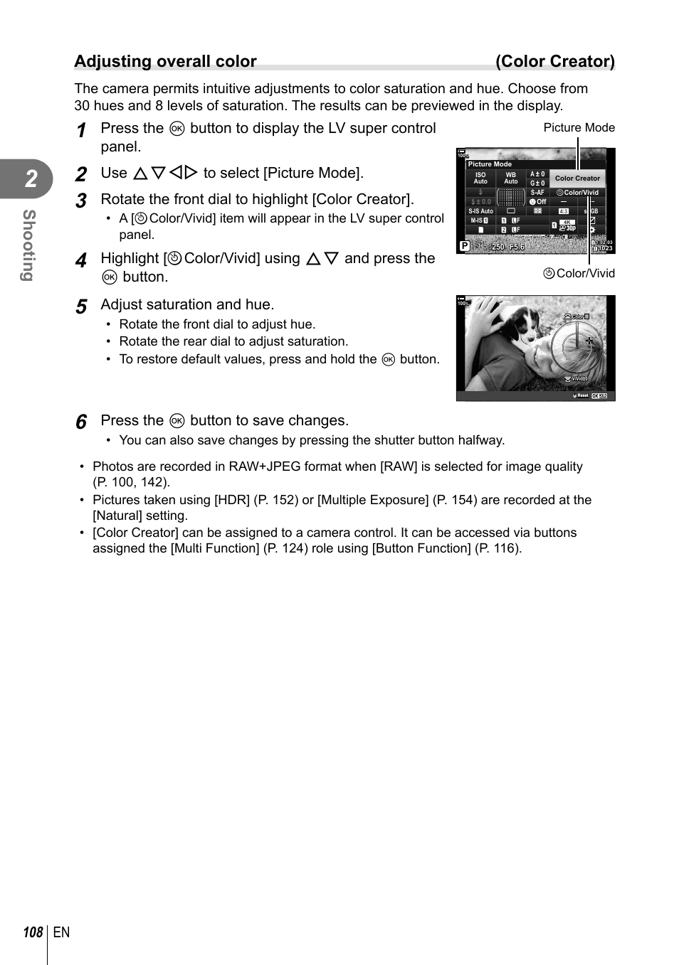 Shooting, Adjusting overall color (color creator), 108 en | Use fghi to select [picture mode, Rotate the front dial to highlight [color creator, Adjust saturation and hue, Press the q button to save changes | Olympus OM-D E-M1 Mark III Mirrorless Camera User Manual | Page 108 / 333