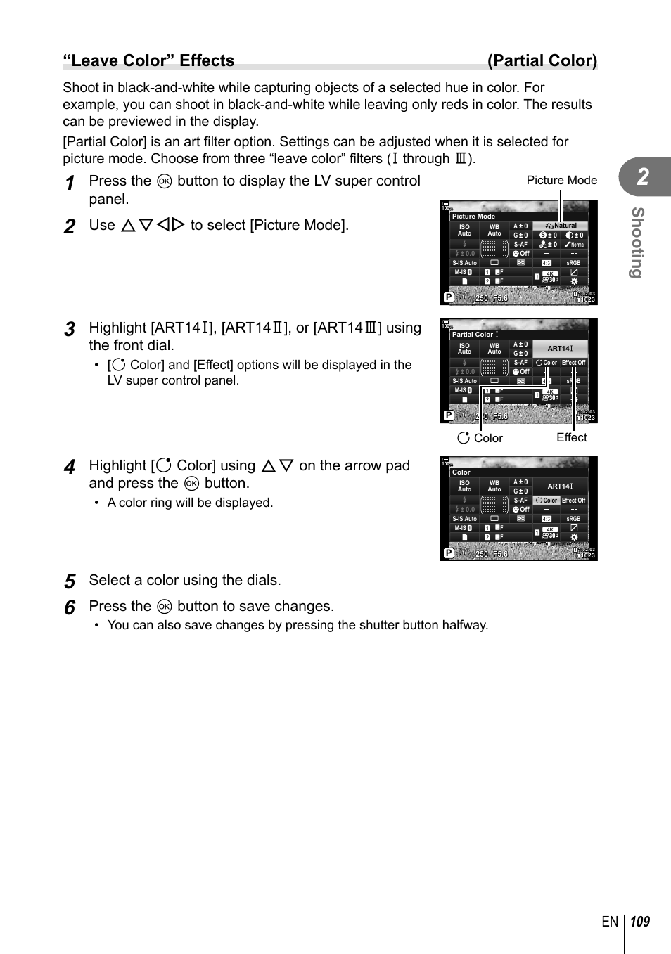 Shooting, Leave color” effects (partial color), 109 en | Use fghi to select [picture mode, Select a color using the dials, Press the q button to save changes, A color ring will be displayed, Picture mode, Rcolor effect | Olympus OM-D E-M1 Mark III Mirrorless Camera User Manual | Page 109 / 333