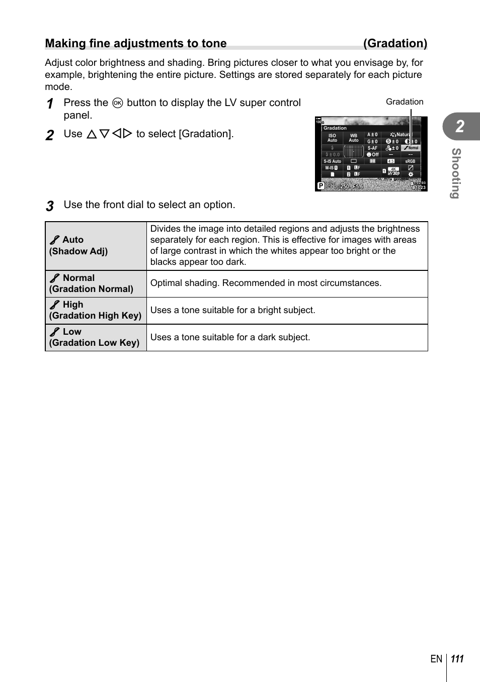 Shooting, Making fi ne adjustments to tone (gradation), 111 en | Use fghi to select [gradation, Use the front dial to select an option | Olympus OM-D E-M1 Mark III Mirrorless Camera User Manual | Page 111 / 333