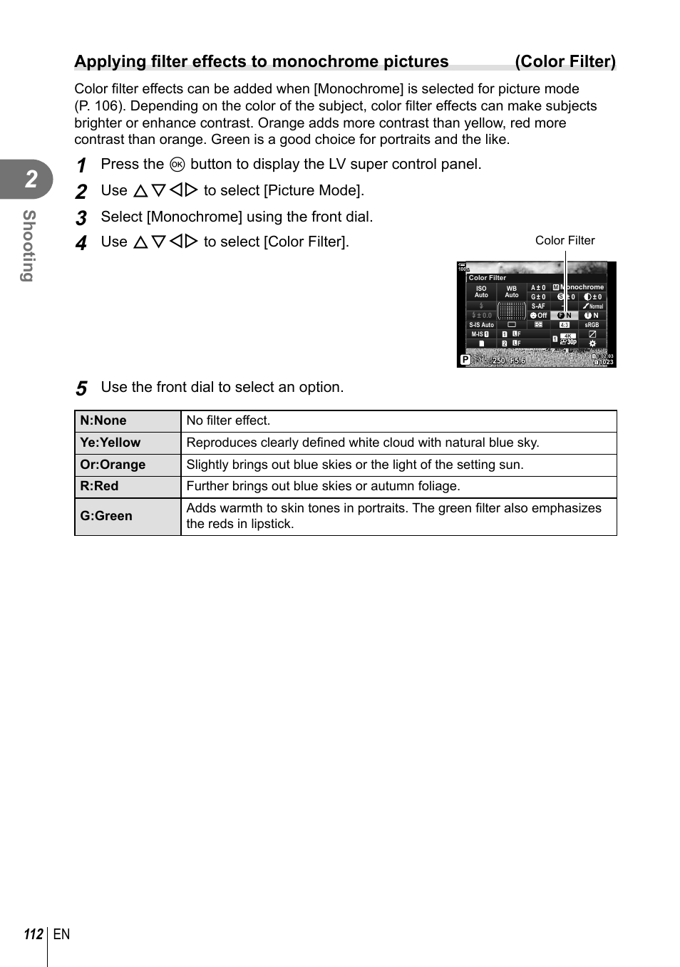 Shooting, 112 en, Use fghi to select [picture mode | Select [monochrome] using the front dial, Use fghi to select [color filter, Use the front dial to select an option | Olympus OM-D E-M1 Mark III Mirrorless Camera User Manual | Page 112 / 333