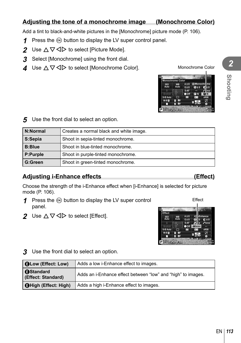 Shooting, Adjusting i-enhance effects (effect), 113 en | Use fghi to select [picture mode, Select [monochrome] using the front dial, Use fghi to select [monochrome color, Use the front dial to select an option, Use fghi to select [effect | Olympus OM-D E-M1 Mark III Mirrorless Camera User Manual | Page 113 / 333