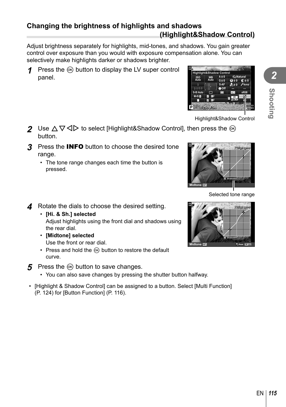 Shooting, 115 en, Rotate the dials to choose the desired setting | Press the q button to save changes | Olympus OM-D E-M1 Mark III Mirrorless Camera User Manual | Page 115 / 333