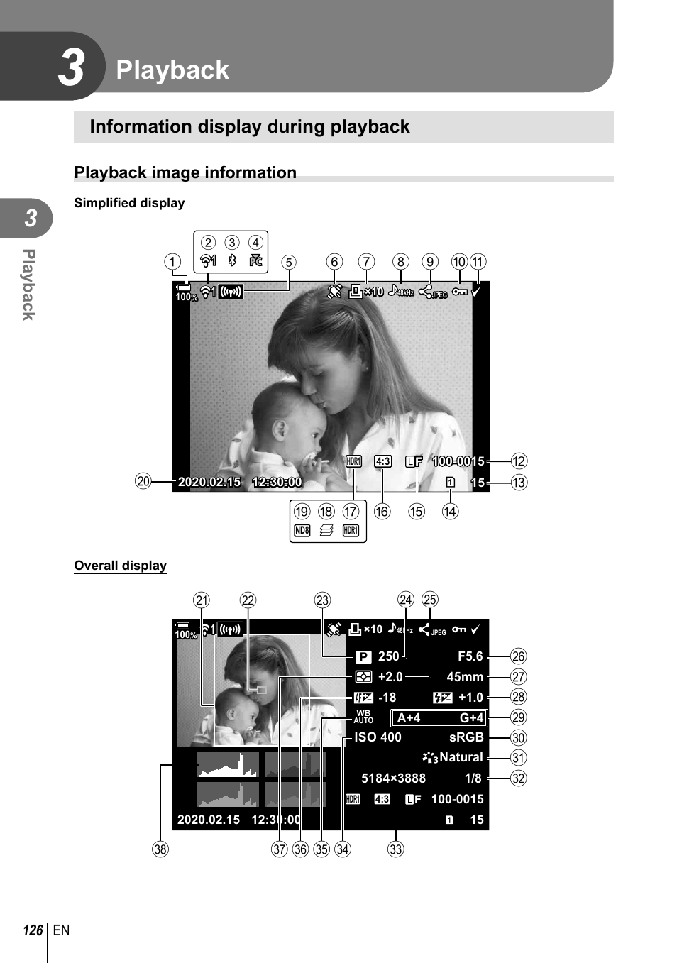 Playback, Information display during playback, Playback image information | Olympus OM-D E-M1 Mark III Mirrorless Camera User Manual | Page 126 / 333