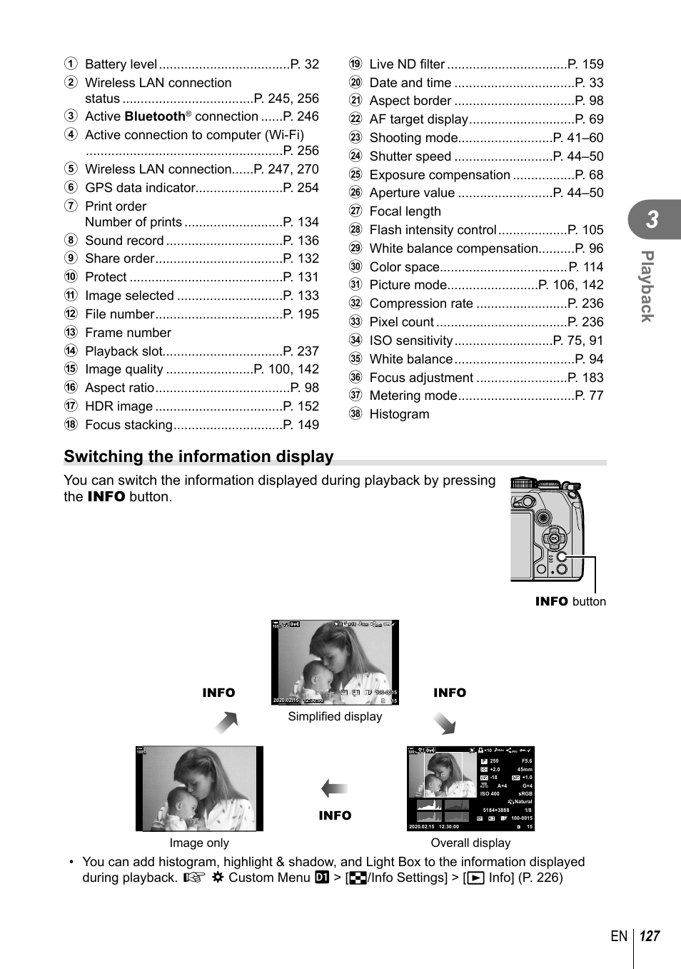 Playback, Switching the information display, 127 en | Olympus OM-D E-M1 Mark III Mirrorless Camera User Manual | Page 127 / 333