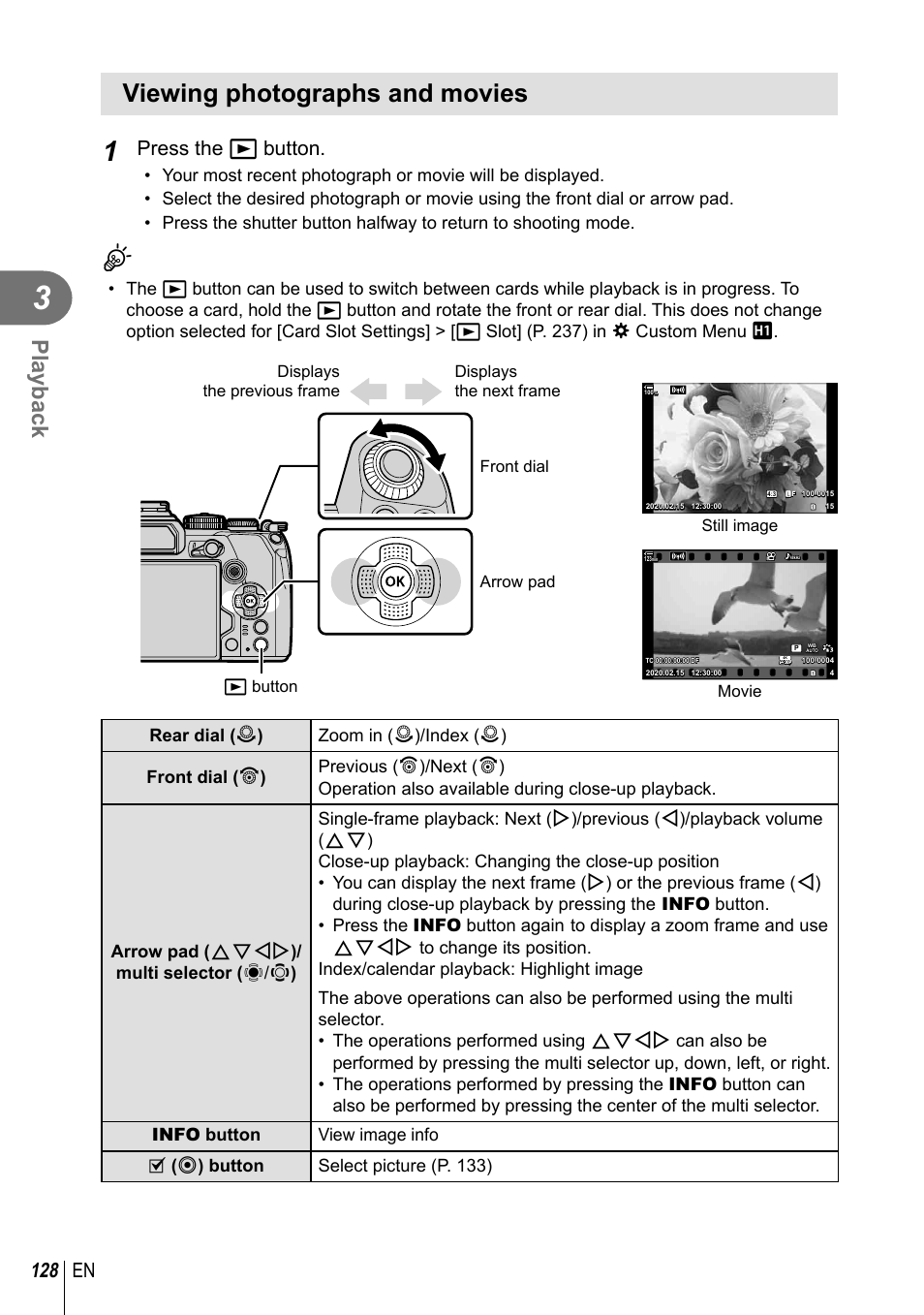 Viewing photographs and movies, Playback, 128 en | Press the q button | Olympus OM-D E-M1 Mark III Mirrorless Camera User Manual | Page 128 / 333