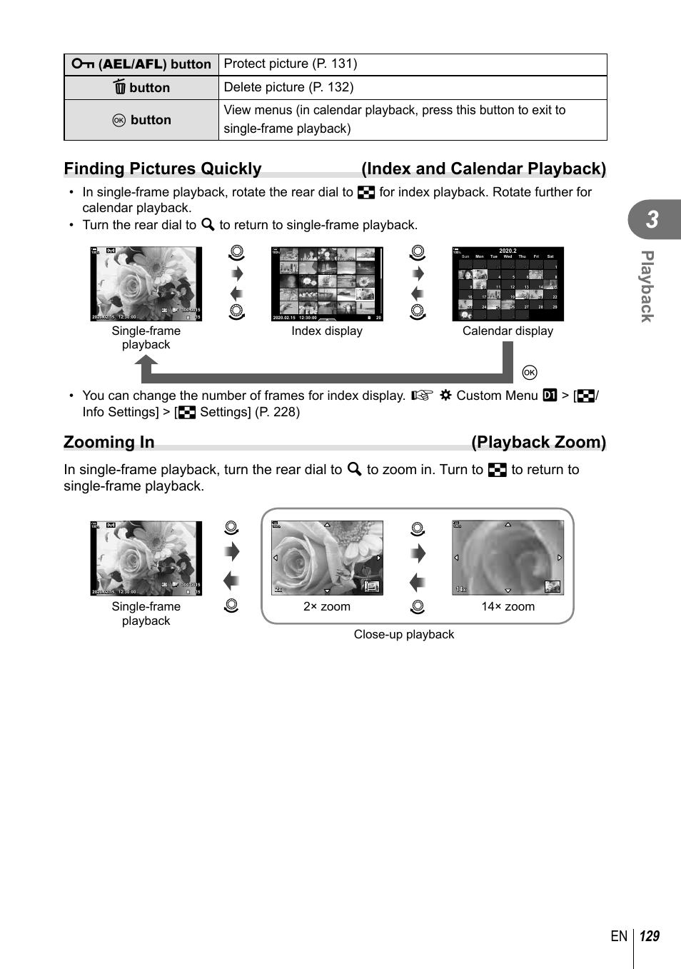 Playback, Qp q p, Zooming in (playback zoom) | 129 en, Single-frame playback, Index display, Calendar display | Olympus OM-D E-M1 Mark III Mirrorless Camera User Manual | Page 129 / 333