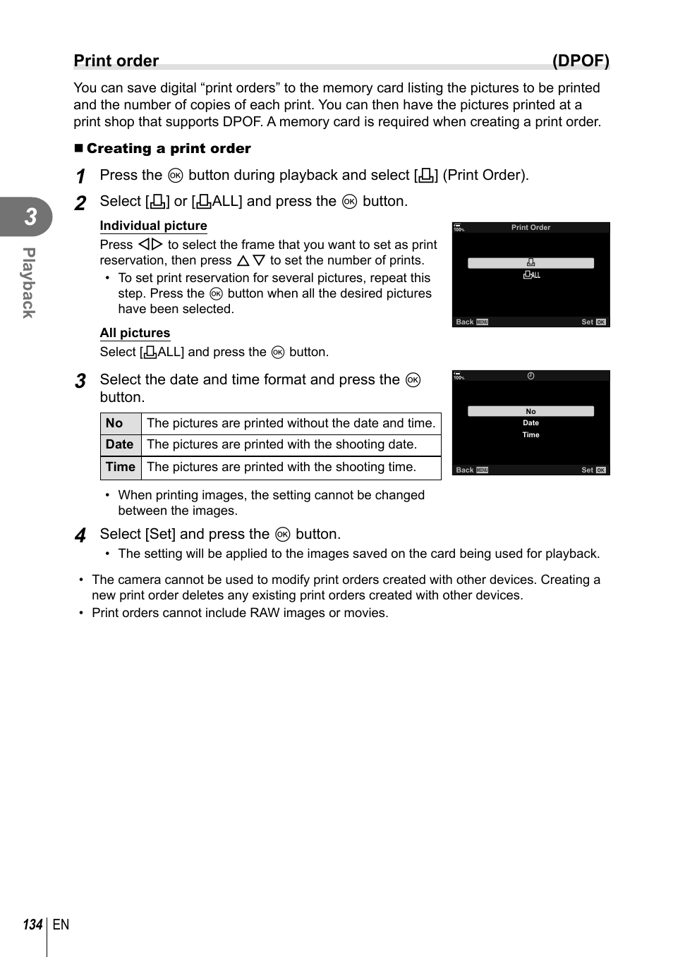 Playback, Print order (dpof) | Olympus OM-D E-M1 Mark III Mirrorless Camera User Manual | Page 134 / 333
