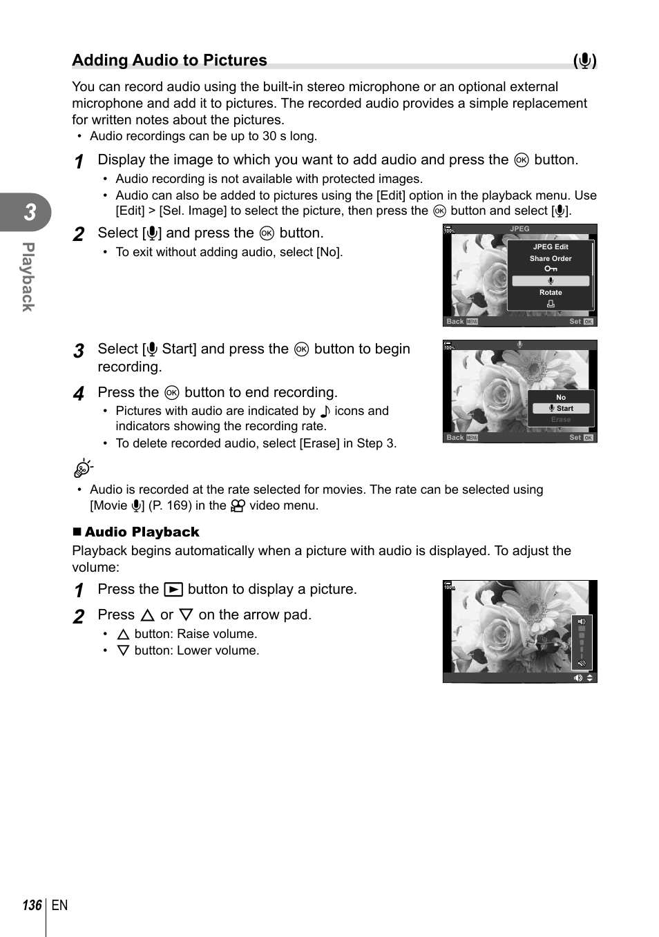 Playback, Adding audio to pictures ( r ) | Olympus OM-D E-M1 Mark III Mirrorless Camera User Manual | Page 136 / 333