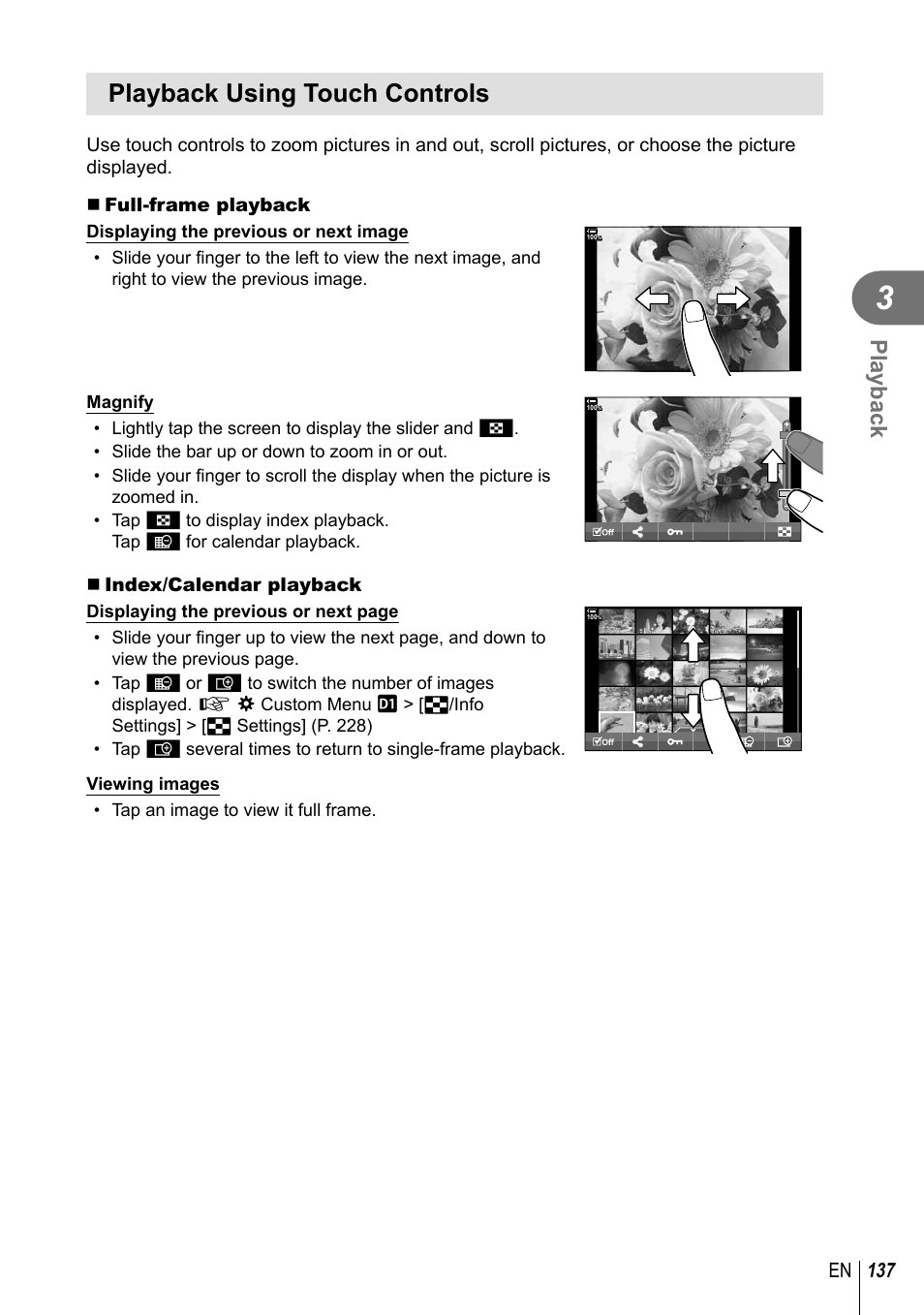 Playback using touch controls, Playback, 137 en | Olympus OM-D E-M1 Mark III Mirrorless Camera User Manual | Page 137 / 333