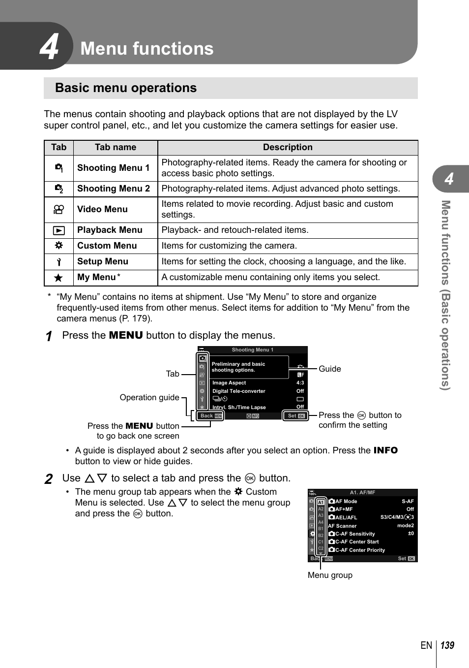Menu functions, Basic menu operations, Menu functions (basic operations) | 139 en, Press the menu button to display the menus, Use fg to select a tab and press the q button | Olympus OM-D E-M1 Mark III Mirrorless Camera User Manual | Page 139 / 333