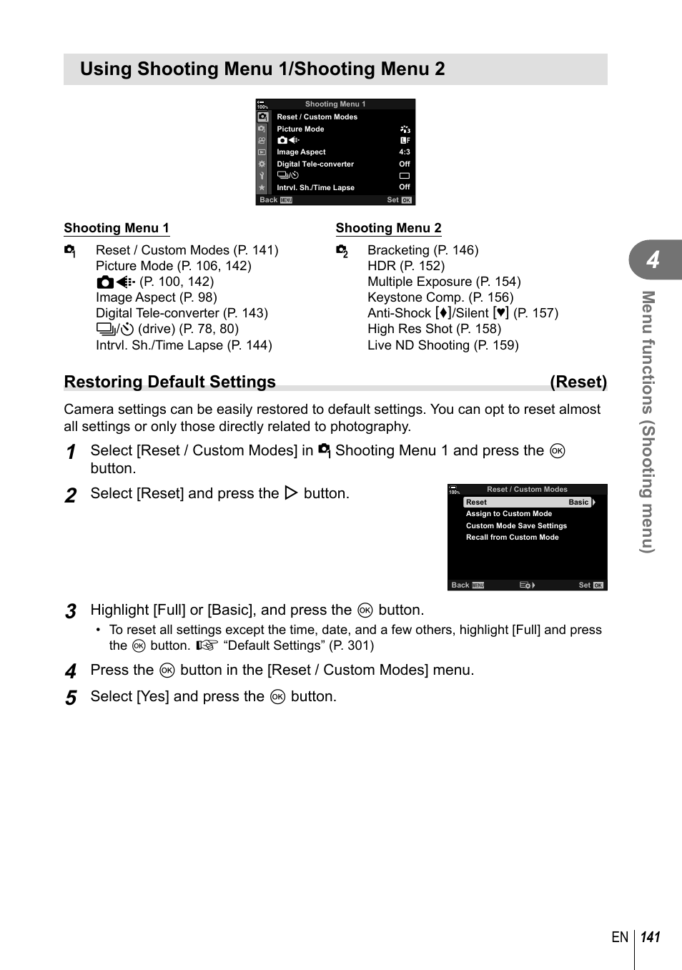 Using shooting menu 1/shooting menu 2, Menu functions (shooting menu), Restoring default settings (reset) | 141 en, Select [reset] and press the i button, Select [yes] and press the q button | Olympus OM-D E-M1 Mark III Mirrorless Camera User Manual | Page 141 / 333