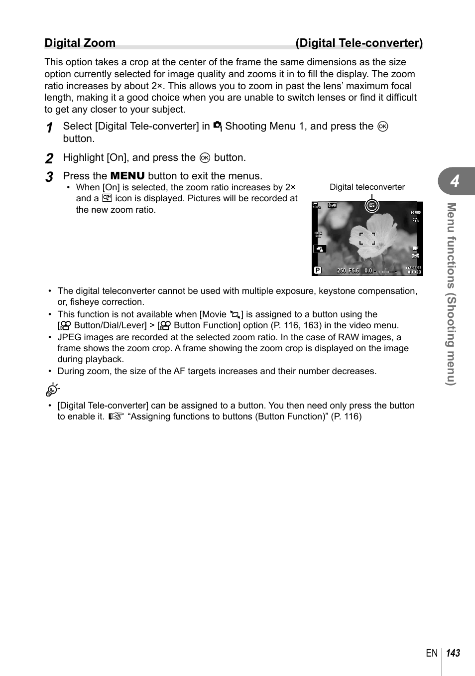 Menu functions (shooting menu), Digital zoom (digital tele-converter), 143 en | Highlight [on], and press the q button, Press the menu button to exit the menus | Olympus OM-D E-M1 Mark III Mirrorless Camera User Manual | Page 143 / 333