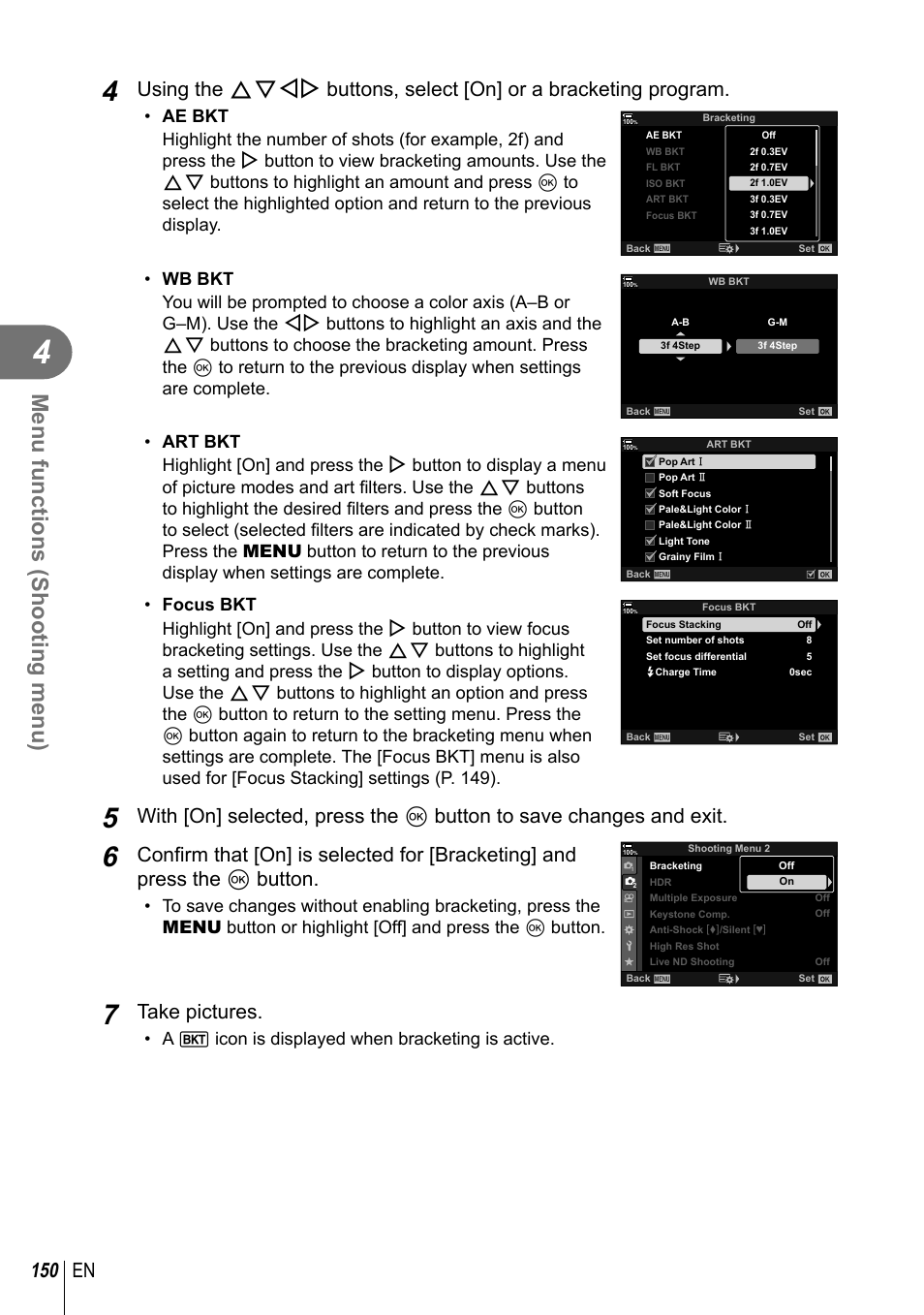 Menu functions (shooting menu), 150 en, Take pictures | Olympus OM-D E-M1 Mark III Mirrorless Camera User Manual | Page 150 / 333